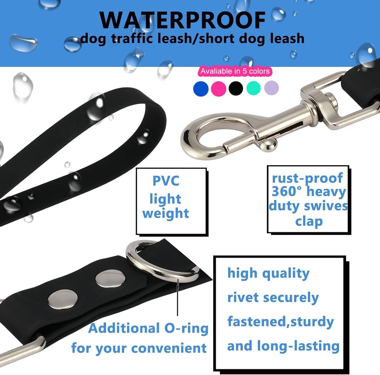 Short Dog Leash - 9 Inch Dogs Lead Grab Tab Heavy Duty Waterproof PVC Dog Training Traffic Leashes for Safety Control Behavior Correction Hiking Backup & All Breeds (Pink, 9'')