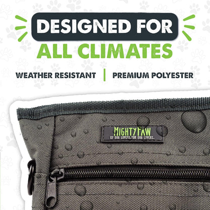 Dog Treat Pouch 2.0 | Pet Training Hands-Free Snack Bag W/Strap. Holds 2 Cups Kibble, Phone & Keys. Magnetic Clasp & Waist Belt Clip. Includes 1 Roll of Poop Bags (Green/Grey)