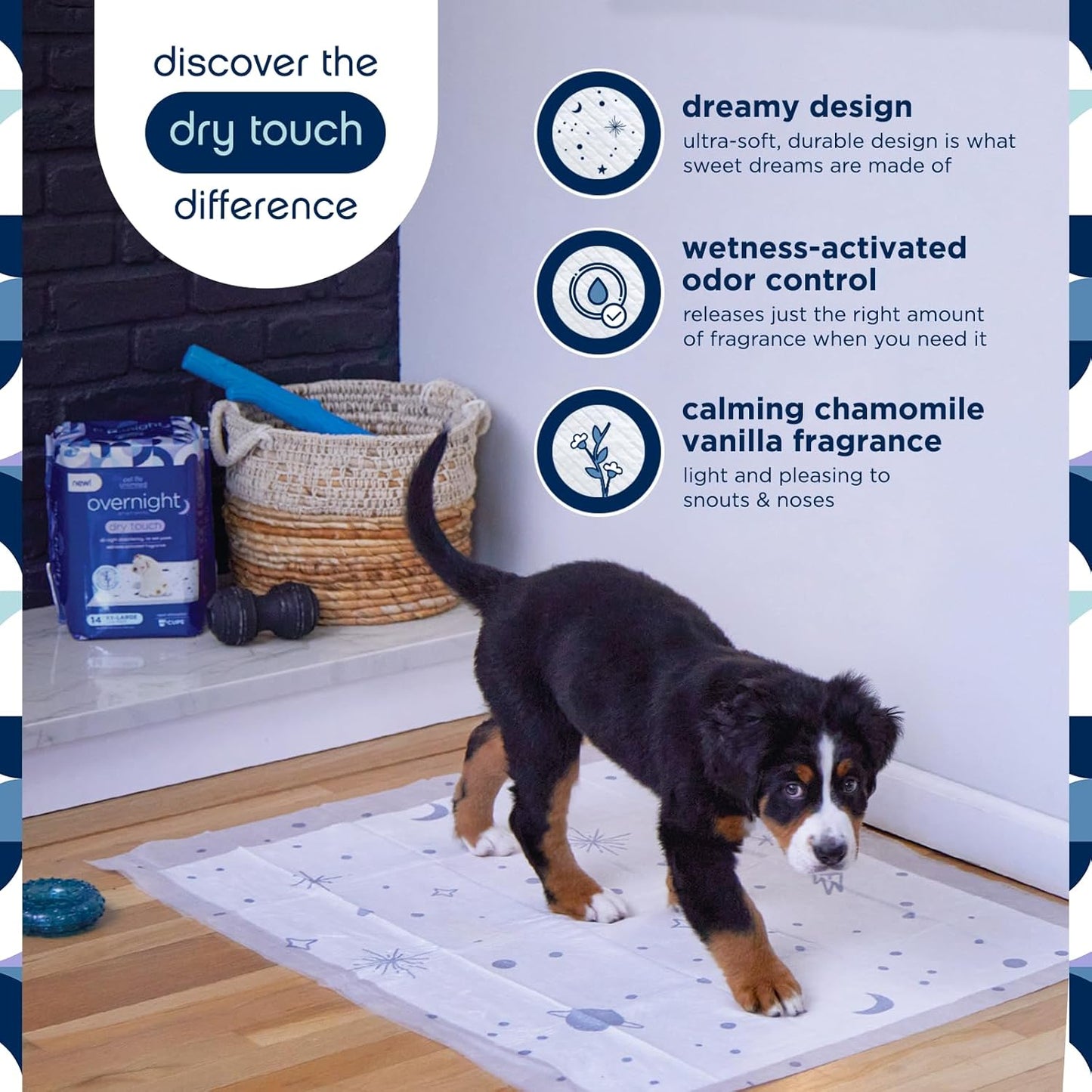 Overnight Extra Extra Large Puppy Pads – 30" X 36", 14 Count (XXL) | Stylish Dog Training Pads with Odor Controlling Wetness-Activated Chamomile Vanilla Scent | USA Made