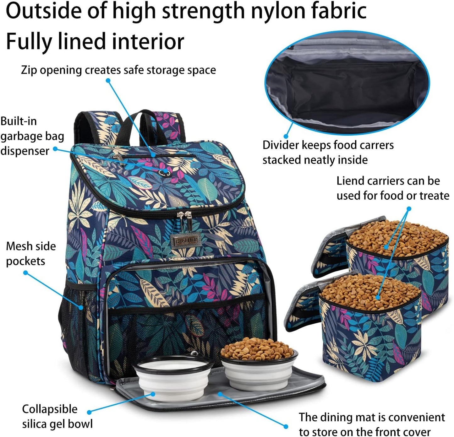 丨Dog Travel Bag, Airline Approved Pet Supplies Backpack, Dog Travel Backpack with 2 Silicone Collapsible Bowls and 2 Food Baskets