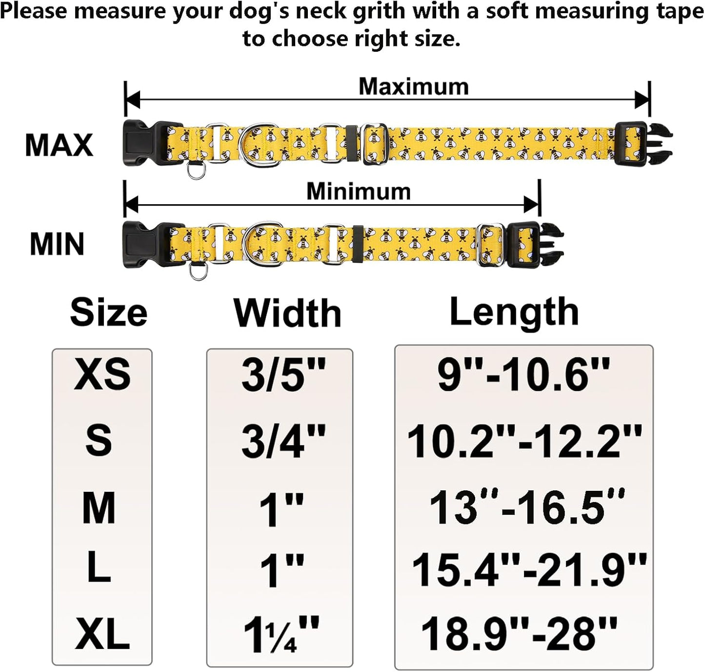 Martingale Dog Collar with Buckle Yellow Bee Dog Collar Adjustable Cute Design Patterns (Bee, Large)